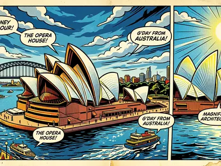 Pop-Art-Comicillustration des Wahrzeichens Sydney Opera House in Sydney Australien, kraeftige Konturen Rasterpunkte und satte Farben - Foto: THN