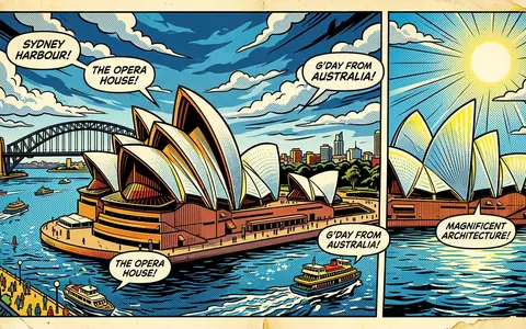 Pop-Art-Comicillustration des Wahrzeichens Sydney Opera House in Sydney Australien, kraeftige Konturen Rasterpunkte und satte Farben - Foto: THN