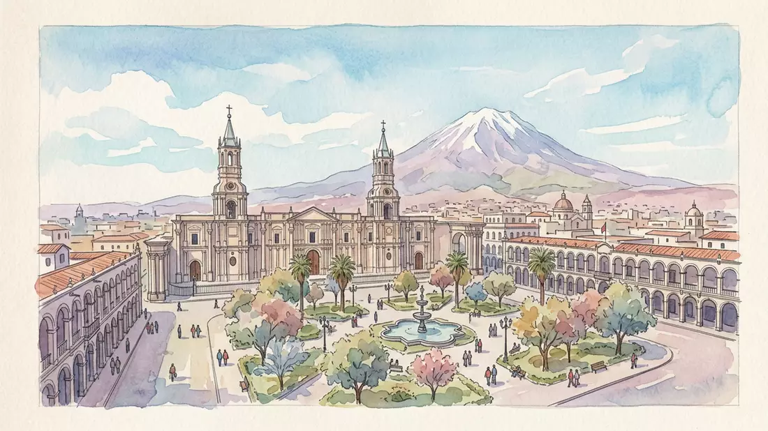Aquarell-Illustration von Arequipa Altstadt in Arequipa, Peru als Reiseposter