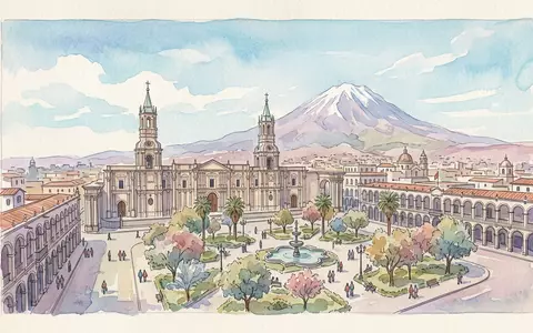 Aquarellillustration des Wahrzeichens Arequipa Altstadt in Arequipa Peru, weiche Farbverläufe und pastelliges Reiseposter-Feeling - Foto: THN