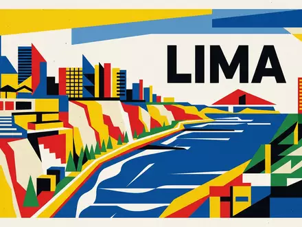 Bauhaus-Poster als geometrische Abstraktion von Miraflores Lima in Lima Peru, kraeftige Grundfarben und harte Formkanten - Foto: THN