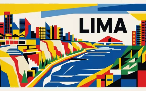 Bauhaus-Poster als geometrische Abstraktion von Miraflores Lima in Lima Peru, kraeftige Grundfarben und harte Formkanten - Foto: THN