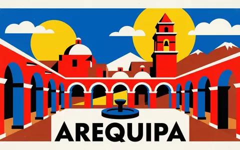 Bauhaus-Poster als geometrische Abstraktion von Kloster Santa Catalina in Arequipa Peru, kraeftige Grundfarben und harte - Foto: THN