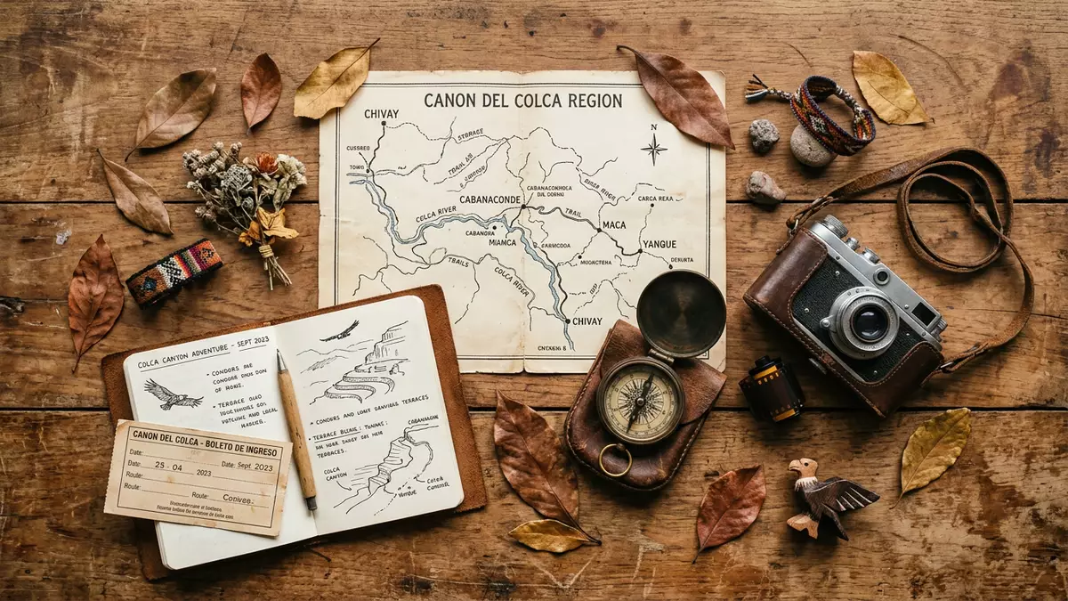 Flatlay-Reise-Arrangement rund um Colca-Canyon in Chivay, Peru