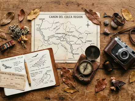 Flatlay-Reise-Arrangement rund um Colca-Canyon in Chivay Peru, Karte Kompass Kamera und generische Reiserequisiten - Foto: THN
