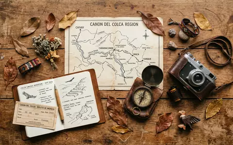 Flatlay-Reise-Arrangement rund um Colca-Canyon in Chivay Peru, Karte Kompass Kamera und generische Reiserequisiten - Foto: THN