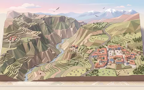 Isometrisches Diorama von Colca-Canyon und Umgebung in Chivay Peru, verspielte Low-Poly-Kulisse in Pastellfarben - Foto: THN