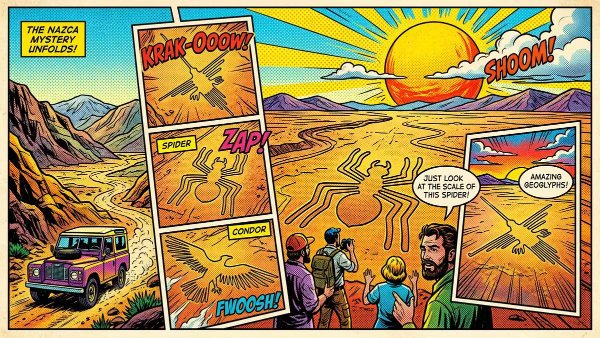 Pop-Art-Comic von Nazca-Linien in Nazca, Peru mit Rasterpunkten