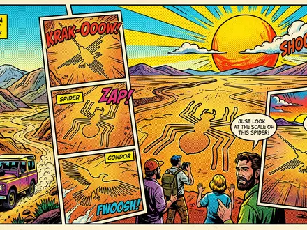 Pop-Art-Comicillustration des Wahrzeichens Nazca-Linien in Nazca Peru, kraeftige Konturen Rasterpunkte und satte Farben - Foto: THN