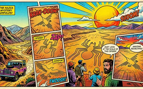 Pop-Art-Comicillustration des Wahrzeichens Nazca-Linien in Nazca Peru, kraeftige Konturen Rasterpunkte und satte Farben - Foto: THN