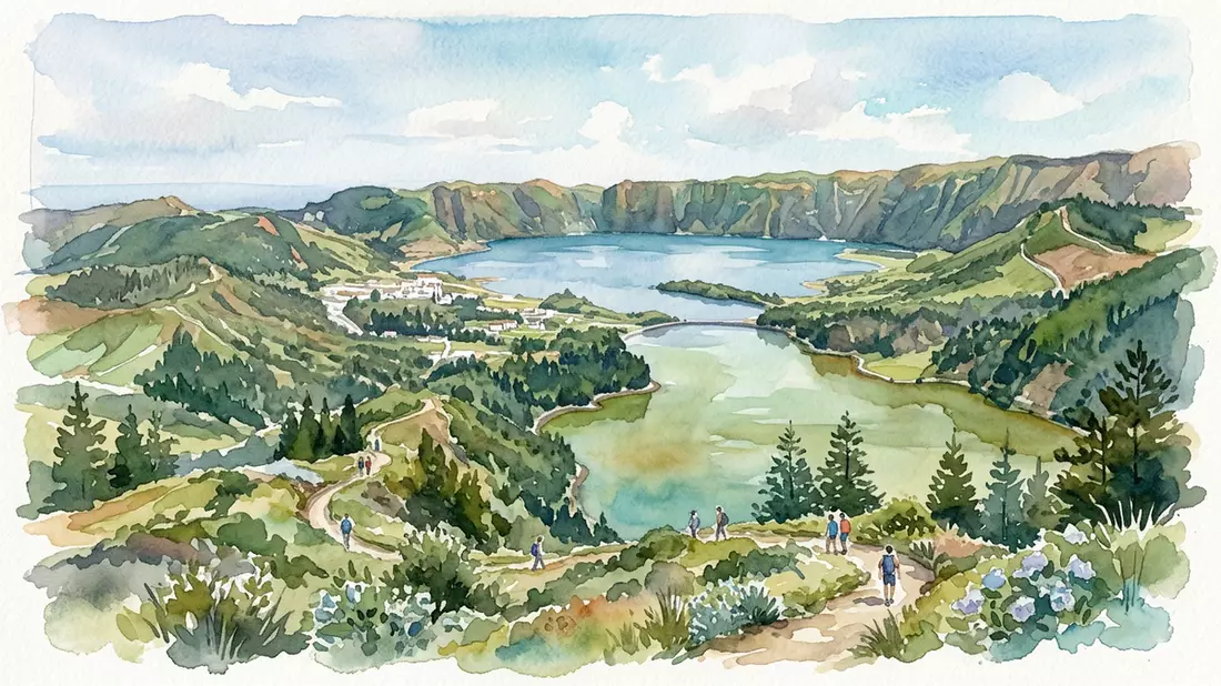 Aquarell-Illustration von Sao Miguel Azoren-See? in Ponta Delgada, Portugal als Reiseposter