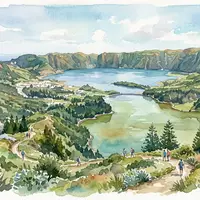 Aquarellillustration des Wahrzeichens Sao Miguel Azoren-See? in Ponta Delgada Portugal, weiche Farbverläufe und pastelliges Reiseposter-Feeling - Foto: THN