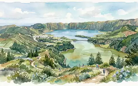 Aquarellillustration des Wahrzeichens Sao Miguel Azoren-See? in Ponta Delgada Portugal, weiche FarbverlÀufe und pastelliges Reiseposter-Feeling - Foto: THN