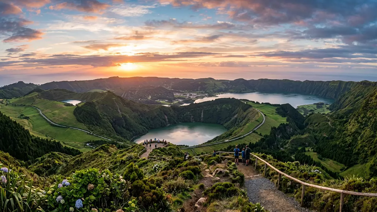 Fotorealistische Ansicht von Sao Miguel Azoren-See? in Ponta Delgada, Portugal im Abendlicht