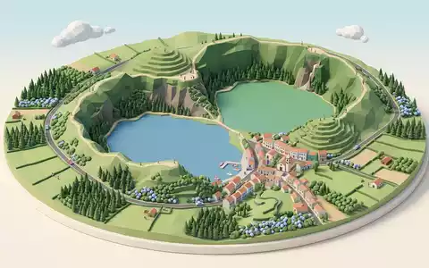 Isometrisches Diorama von Sao Miguel Azoren-See? und Umgebung in Ponta Delgada Portugal, verspielte Low-Poly-Kulisse in - Foto: THN