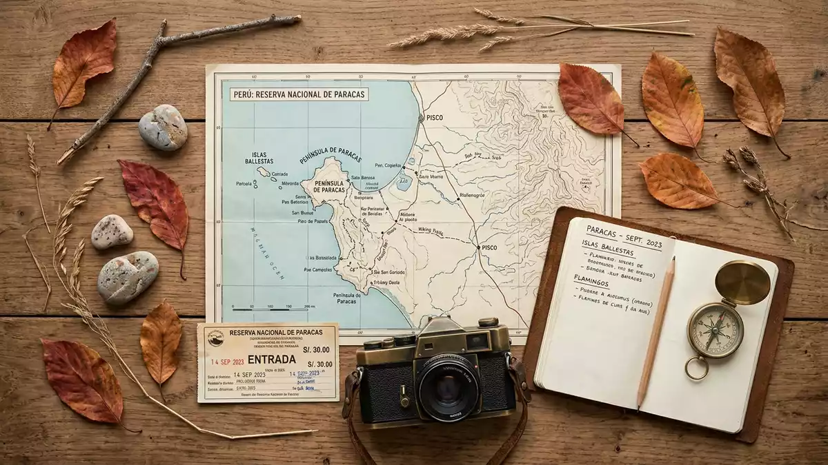 Flatlay-Reise-Arrangement rund um Paracas-Nationalreservat in Paracas, Peru