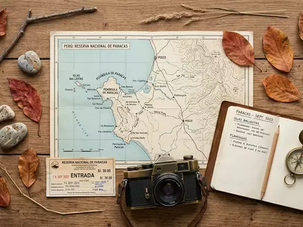 Flatlay-Reise-Arrangement rund um Paracas-Nationalreservat in Paracas Peru, Karte Kompass Kamera und generische Reiserequisiten - Foto: THN