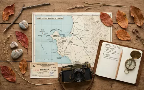 Flatlay-Reise-Arrangement rund um Paracas-Nationalreservat in Paracas Peru, Karte Kompass Kamera und generische Reiserequisiten - Foto: THN