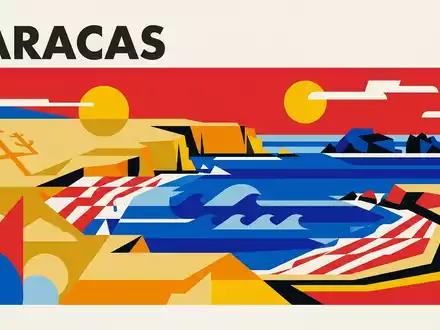 Bauhaus-Poster als geometrische Abstraktion von Paracas-Nationalreservat in Paracas Peru, kraeftige Grundfarben und harte Formkanten - Foto: THN