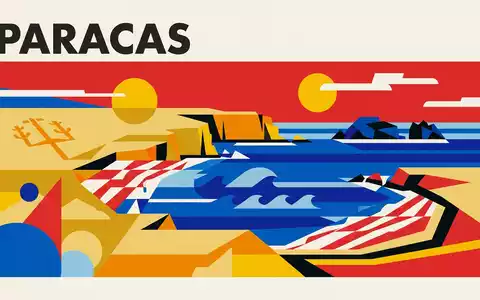 Bauhaus-Poster als geometrische Abstraktion von Paracas-Nationalreservat in Paracas Peru, kraeftige Grundfarben und harte Formkanten - Foto: THN