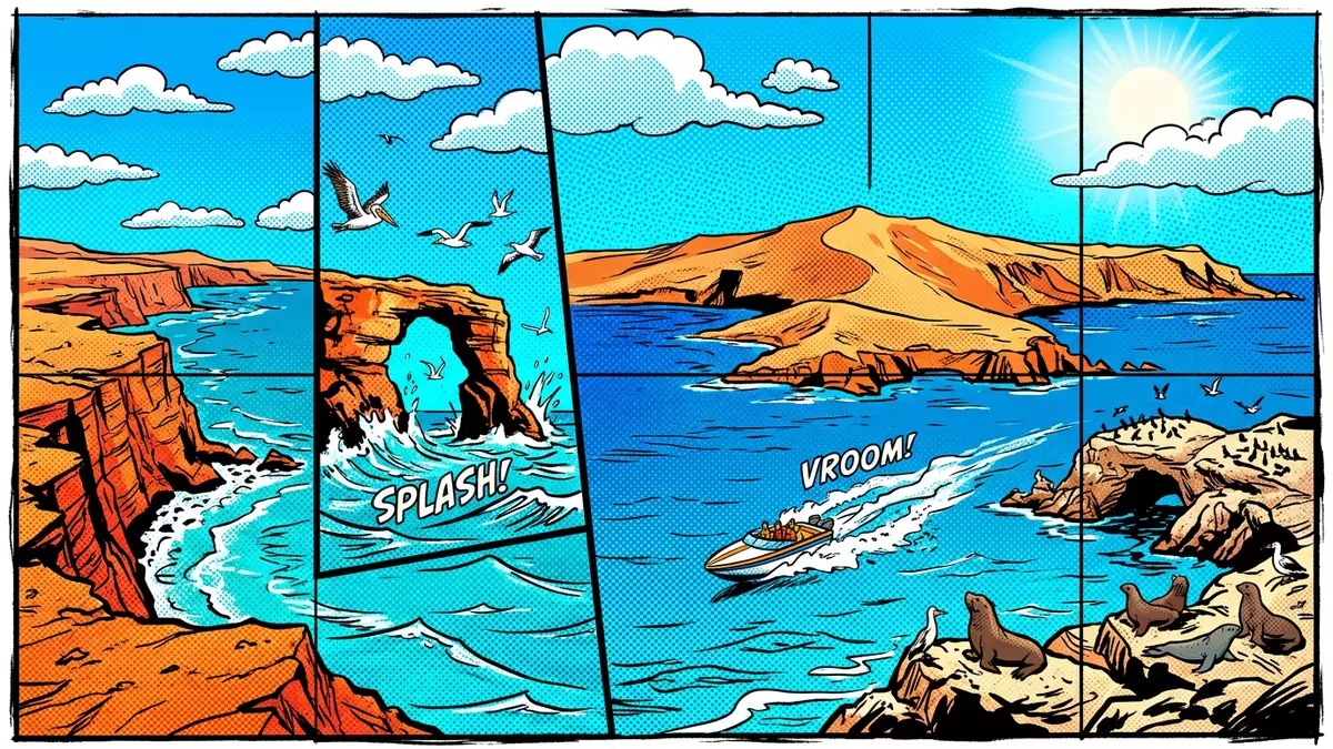 Pop-Art-Comic von Paracas-Nationalreservat in Paracas, Peru mit Rasterpunkten