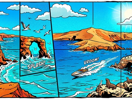 Pop-Art-Comicillustration des Wahrzeichens Paracas-Nationalreservat in Paracas Peru, kraeftige Konturen Rasterpunkte und satte Farben - Foto: THN