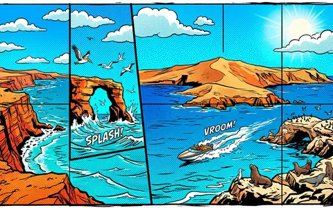 Pop-Art-Comicillustration des Wahrzeichens Paracas-Nationalreservat in Paracas Peru, kraeftige Konturen Rasterpunkte und satte Farben - Foto: THN