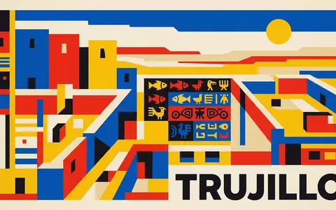 Bauhaus-Poster als geometrische Abstraktion von Chan Chan in Trujillo Peru, kraeftige Grundfarben und harte Formkanten - Foto: THN