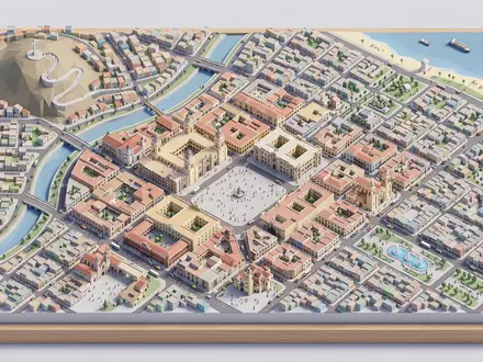 Isometrisches Diorama von Lima Altstadt und Umgebung in Lima Peru, verspielte Low-Poly-Kulisse in Pastellfarben - Foto: THN
