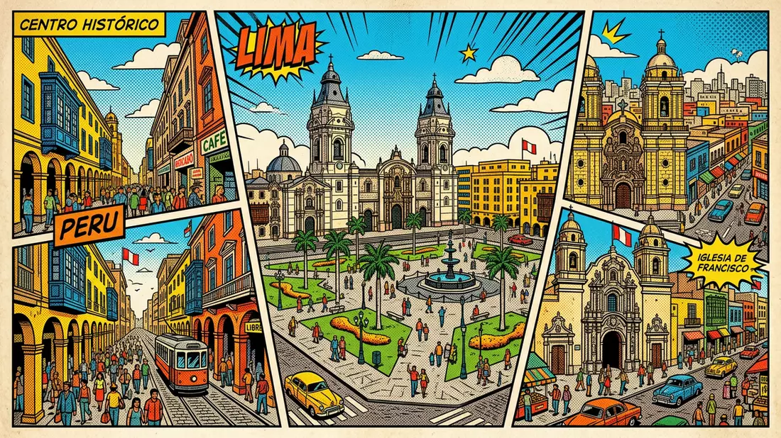 Pop-Art-Comic von Lima Altstadt in Lima, Peru mit Rasterpunkten