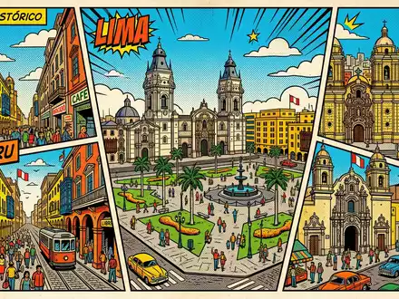 Pop-Art-Comicillustration des Wahrzeichens Lima Altstadt in Lima Peru, kraeftige Konturen Rasterpunkte und satte Farben - Foto: THN