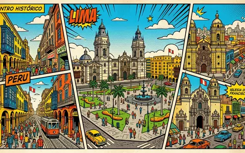 Pop-Art-Comicillustration des Wahrzeichens Lima Altstadt in Lima Peru, kraeftige Konturen Rasterpunkte und satte Farben - Foto: THN