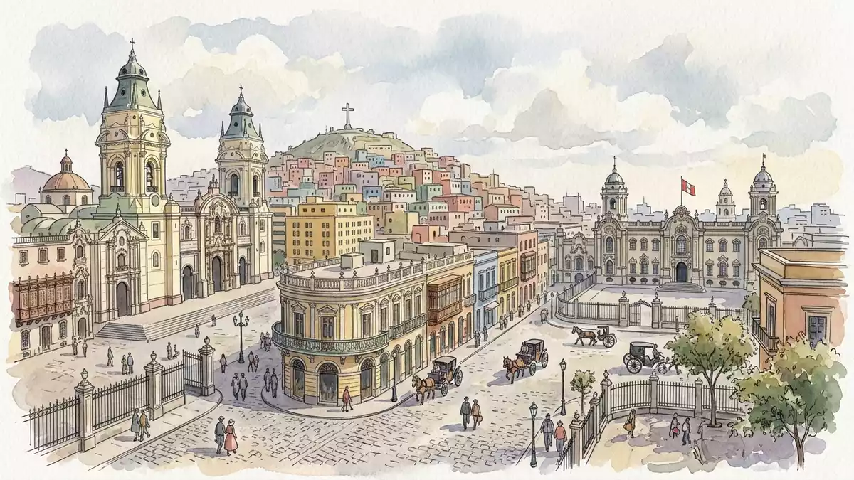Aquarell-Illustration von Lima Altstadt in Lima, Peru als Reiseposter