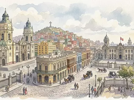 Aquarellillustration des Wahrzeichens Lima Altstadt in Lima Peru, weiche Farbverläufe und pastelliges Reiseposter-Feeling - Foto: THN