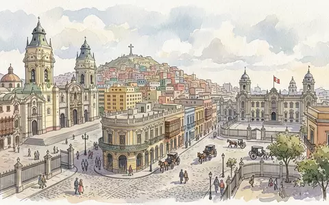 Aquarellillustration des Wahrzeichens Lima Altstadt in Lima Peru, weiche Farbverläufe und pastelliges Reiseposter-Feeling - Foto: THN