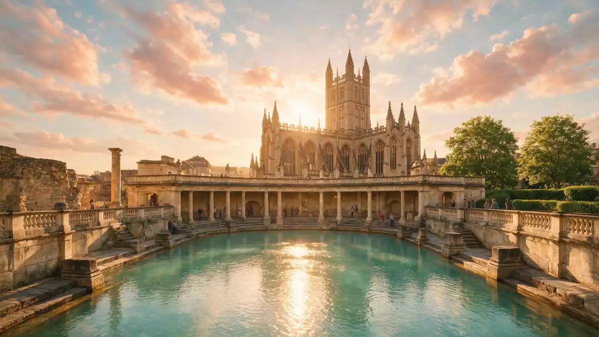 Fotorealistische Ansicht von Römische Bäder Bath in Bath, Vereinigtes Königreich im Abendlicht