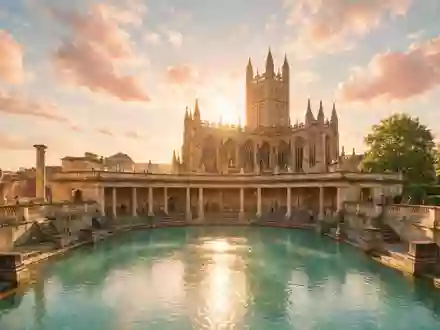 Fotorealistische Panoramaaufnahme von Römische Bäder Bath in Bath Vereinigtes Königreich, warmes Abendlicht auf Wahrzeichen - Foto: THN