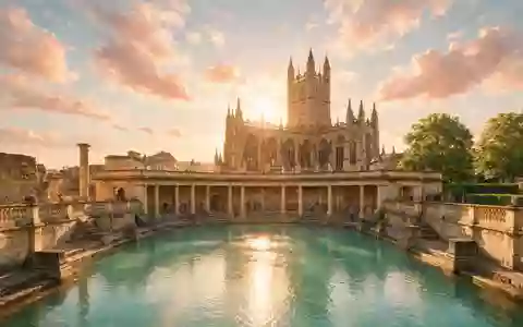 Fotorealistische Panoramaaufnahme von Römische Bäder Bath in Bath Vereinigtes Königreich, warmes Abendlicht auf Wahrzeichen - Foto: THN