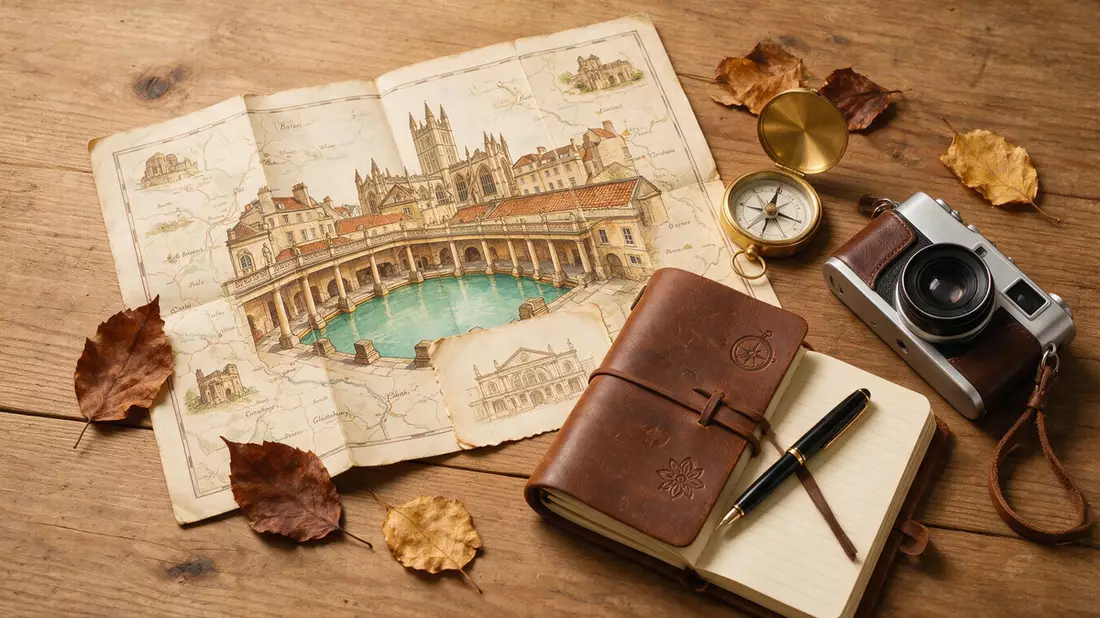 Flatlay-Reise-Arrangement rund um Römische Bäder Bath in Bath, Vereinigtes Königreich