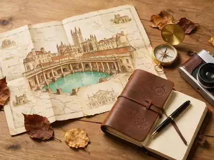 Flatlay-Reise-Arrangement rund um Römische Bäder Bath in Bath Vereinigtes Königreich, Karte Kompass Kamera und generische - Foto: THN