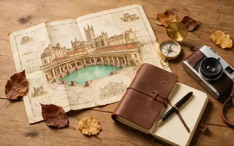 Flatlay-Reise-Arrangement rund um Römische Bäder Bath in Bath Vereinigtes Königreich, Karte Kompass Kamera und generische - Foto: THN