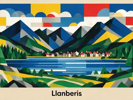 Bauhaus-Poster als geometrische Abstraktion von Snowdonia-Nationalpark in Llanberis Vereinigtes Königreich, kraeftige Grundfarben und harte Formkanten - Foto: THN