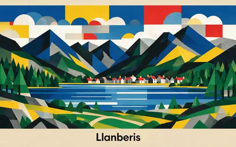 Bauhaus-Poster als geometrische Abstraktion von Snowdonia-Nationalpark in Llanberis Vereinigtes Königreich, kraeftige Grundfarben und harte Formkanten - Foto: THN