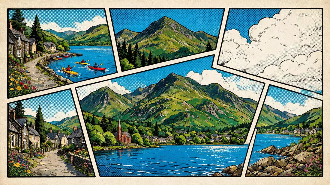 Pop-Art-Comic von Snowdonia-Nationalpark in Llanberis, Vereinigtes Königreich mit Rasterpunkten