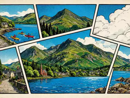 Pop-Art-Comicillustration des Wahrzeichens Snowdonia-Nationalpark in Llanberis Vereinigtes Königreich, kraeftige Konturen Rasterpunkte und satte Farben - Foto: THN