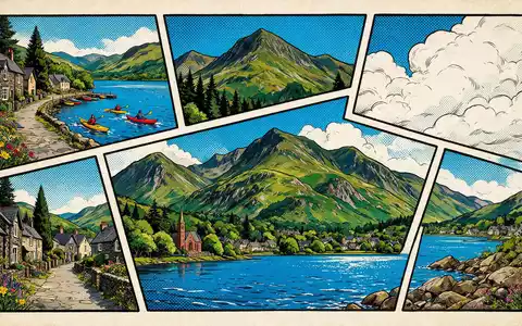 Pop-Art-Comicillustration des Wahrzeichens Snowdonia-Nationalpark in Llanberis Vereinigtes Königreich, kraeftige Konturen Rasterpunkte und satte Farben - Foto: THN