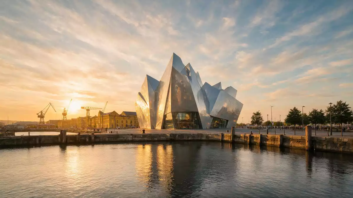 Fotorealistische Ansicht von Titanic Belfast in Belfast, Vereinigtes Königreich im Abendlicht