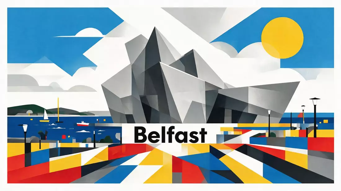 Bauhaus-Poster als Abstraktion von Titanic Belfast in Belfast, Vereinigtes Königreich