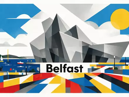 Bauhaus-Poster als geometrische Abstraktion von Titanic Belfast in Belfast Vereinigtes Königreich, kraeftige Grundfarben und harte - Foto: THN