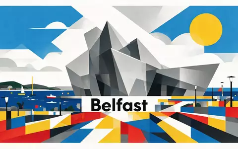 Bauhaus-Poster als geometrische Abstraktion von Titanic Belfast in Belfast Vereinigtes Königreich, kraeftige Grundfarben und harte - Foto: THN